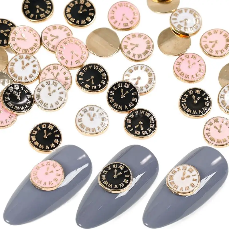 10 бр. бели, черни, розови класически часовник-окачване за нокти, кристали и кристални, Аксесоари за дизайн на ноктите от сплав, Декорация на нокти, Аксесоари за нокти