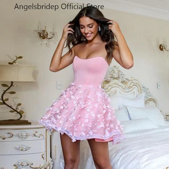 Angelsbridep Розови вечерни рокли, трапецовидна форма, без презрамки, с аппликацией в формата на цветя, къси рокли за абитуриентски бал, за специален повод, премяна