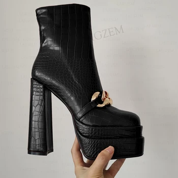 BERZIMER/ женски ботильоны със страничен цип, метални верижки, обувки на платформа на дебелите високи токчета, дамски ръчно изработени обувки, дамски размери 39 40 43