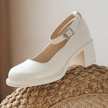 HUAXI/ Бежови Обувки-лодка на платформата с катарама на щиколотке, 2023 г., дамски обувки Mary Jane в Квадратен Ток в Ретро стил От Изкуствена Кожа, Обувки на висок Ток Mujer