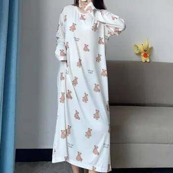 Kuzuwata, японската Ежедневни домашни дрехи ранна Пролет, пижами, с кръгло деколте и принтом Мечка, пижамное рокля с дълъг ръкав, Свободно ежедневното бельо