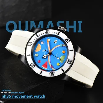 OUMASHI Син циферблат, бели керамични bezel, автоматични часовници NH35, 100 м, водонепроницаемое сапфирен кристал, мъжки часовник за гмуркане