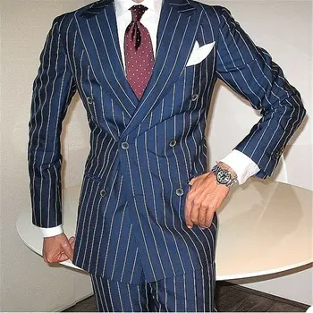 YIWUMENSA Classic Smart Casua Бизнес мъжки костюми за младоженец, работно облекло, 2 броя, оборудвана двубортный синьо яке с штанами