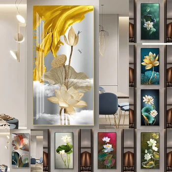 Абстрактна цветна картина върху платно, Нови китайски плакати и щампи със златен луксозен lotus, стенни модел за домашен интериор на верандата