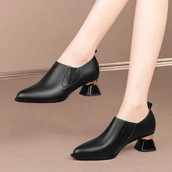 Безплатна доставка, размер 33-43, дамски обувки от мека естествена кожа на ток, удобни обувки с остри пръсти, за да пътуват до работа, модни обувки на дебел висок ток