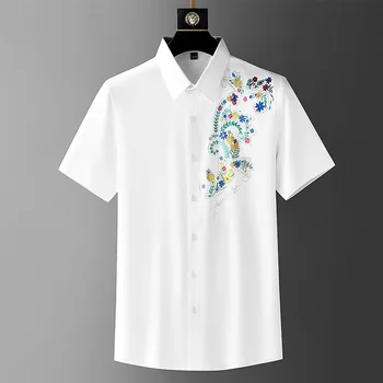 Висококачествена тенденция риза с къси ръкави и принтом във формата на диаманти, мъжки годишна персонализирана и красива ежедневни бяла риза с къси ръкави