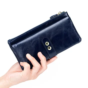 Госпожа клатч от петрол-восъчна кожа, модерен женски чантата с RFID заключване, трикратен титуляр за кредитни карти, Луксозни дълги женски клатчи за телефони