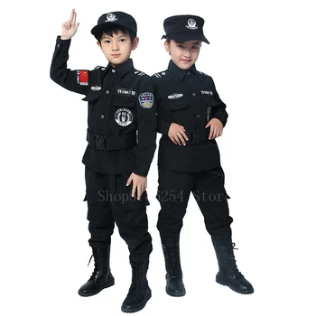 Детска полицейска форма, костюми за cosplay, момчета-полицаи, черна Специална армия униформи, комплект дрехи за изпълнения на Хелоуин