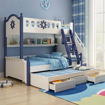 Дървено двуетажно легло за деца от 5 до 8 години, модерно обзавеждане за спалня в североевропейском стил за момичета, просто бебешко легло