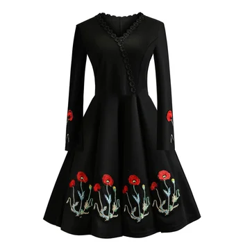 Есен дебнещ рокля с V-образно деколте и бродерии, женствена рокля с дълъг ръкав, зимни Елегантни реколта рокли, черна вечерна рокля