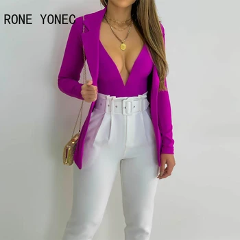 Жена монофонични секси съкратен жилетка с дълбоко V-образно деколте и дълги ръкави, монтиране лилаво сако, комплекти