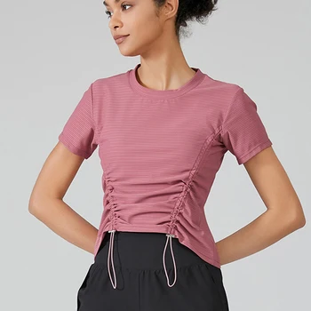 Женска Тениска за йога с къс ръкав, монофонични топ за бягане на съвсем малък, дишаща Бързосъхнеща женска риза за залата, спортно облекло