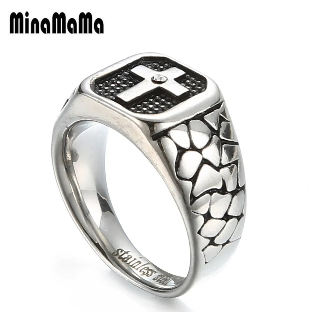 Класически Мъжки пръстени с католически кръст-печаткой сребрист цвят от неръждаема стомана, байкерский crystal, християнски бижутата