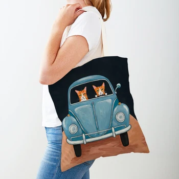 Красиви дамски чанти, за пазаруване с котка, женска чанта за пазаруване, двустранен сгъваема множество парусиновая чанта-тоут с мультяшными животни