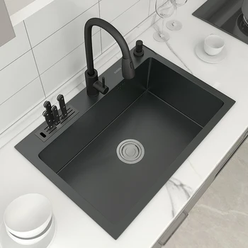 Кухненска мивка с горни стена от неръждаема стомана 304 с държач за ножове, богат на функции единична купа, тъмно сиво мивка за кухня слушалки