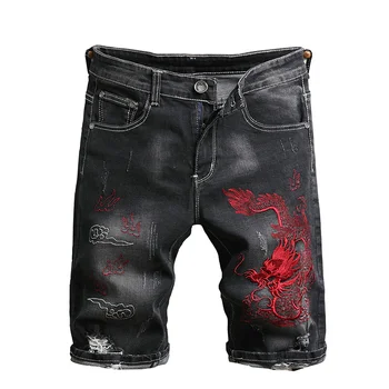 Летни мъжки дънкови къси панталони с дупки, качествени бродирани черни тесни улични къси дънки в китайски стил, скъсани стрейчевые панталони с дължина до коленете