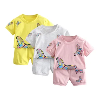 Летни спортни дрехи за малките момичета с принтом пеперуди, комплект детски дрехи от две части за 1-5 години, сладък екипировки за младите жени