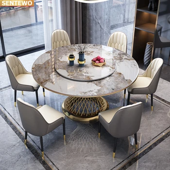 Луксозен дизайнерски през цялата трапезария с мраморна печка и маса за хранене, 4 6 стола, мебели mesas comedor, неръждаема стомана, златно основа