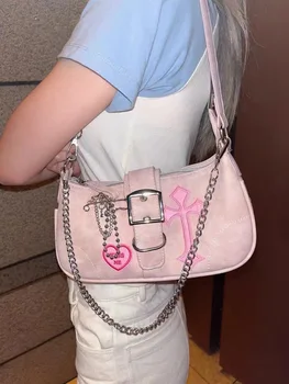 Миличка страхотна дамска чанта за подмишниците, розова чанта на рамото за най-горещите момичета, чанта за месинджър е в стил ретро, дамски портфейл от веригата, чанти за подмишниците