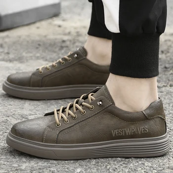 Модни мъжки обувки, ежедневни кожени мъжки обувки, лека обувки за скейтборд, пешеходната обувки на плоска подметка с шнур, мъжки обувки вулканизированная