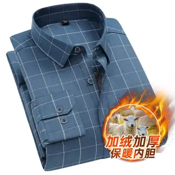 Мъжки топла риза в клетката с квадратна деколте и дълъг ръкав, удебелена плюшем, бизнес и ежедневни вълнена мъжка риза, с тенденция за есента и зимата