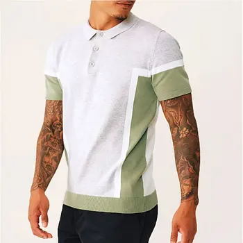 Мъжки трикотажная риза с къси ръкави в стил мозайка, ежедневни тениски с къс ръкав копчета с ревери за мъже, градинска дрехи S-2XL, Лято 2023