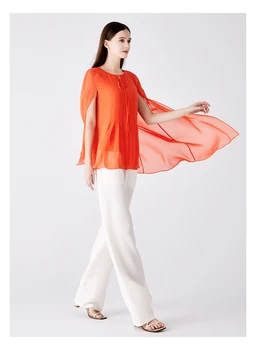 Наметало дантела от 100% естествена коприна Тутового копринени цветове на Жоржет Оранжев цвят с V-образно деколте, Универсален Свободен Топ, Проста директен Двупластова коприна тениска BE1365