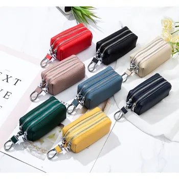Портфейл за ключове от естествена кожа, двупластова с цип, висококачествена многофункционална чанта за карти, чанта за ключове, чанта за монети