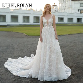 Сватбена рокля трапецовидна форма ETHEL ROLYN 2022, с плажна рокля на булката в стил бохо с V-образно деколте и с отворен гръб, расшитое мъниста, с тънки спагети презрамки, рокли сватба за катедралата