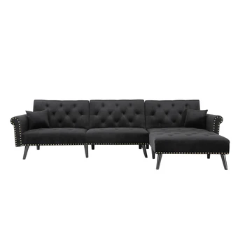 Секционни диван-канапе L-образна форма, с тапицирана седалка, удобна облегалка, модерен луксозен диван за дневна, черен