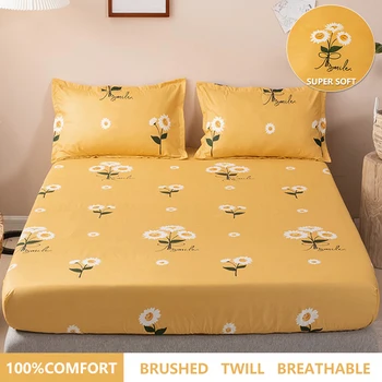 Спално бельо, чаршаф от микрофибър с шарките на жълти маргаритки, кепър, матиран лесен прахоустойчив матрак CoverTwin, единична двойна